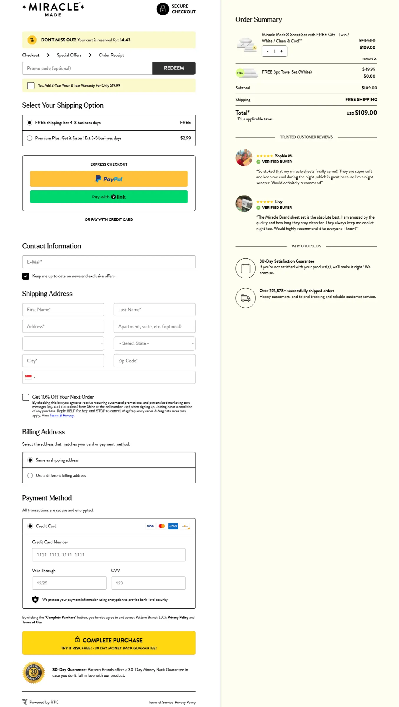 Miracle Sheets checkout page